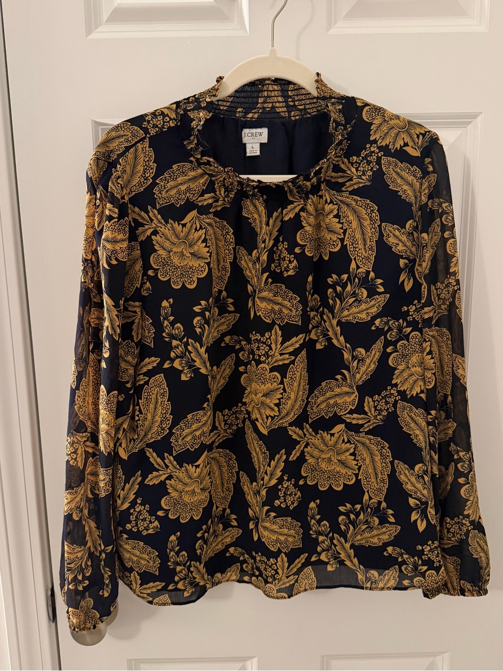 J. Crew Navy and gold/mustard Floral Peasant Blouse